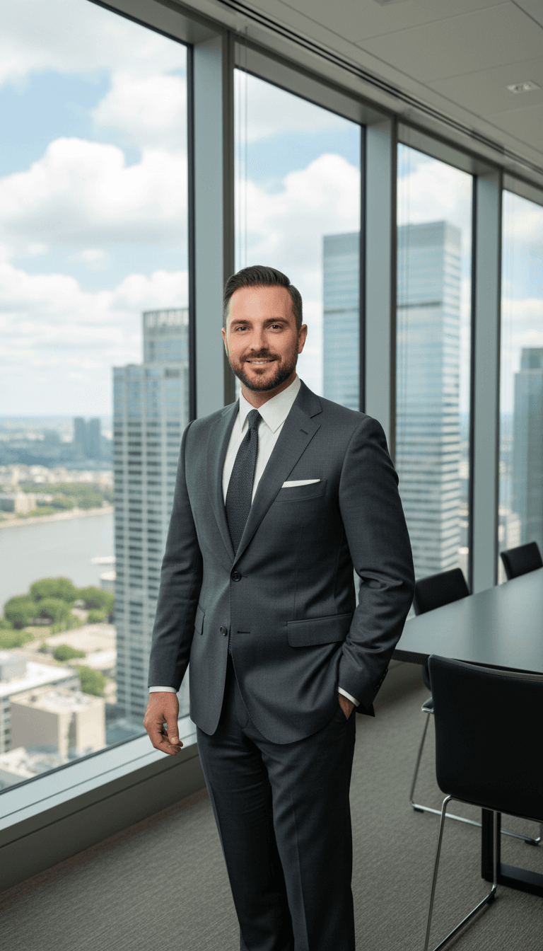 Confident corporate executive in tailored suit standing in high-rise office with metropolitan skyline visible through windows