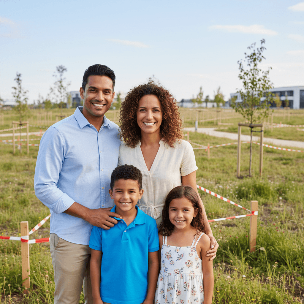 Diverse family of four smiling on their newly acquired freehold residential plot in green community setting