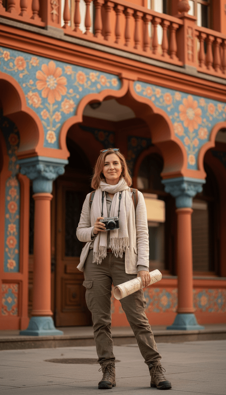 Confident solo female traveler standing before historic colorful building with map and camera in hand